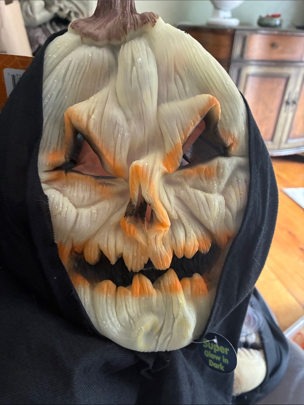 Glow-In-The-Dark Pumpkin Mask Hooded Décor - Black and Cream adult Halloween